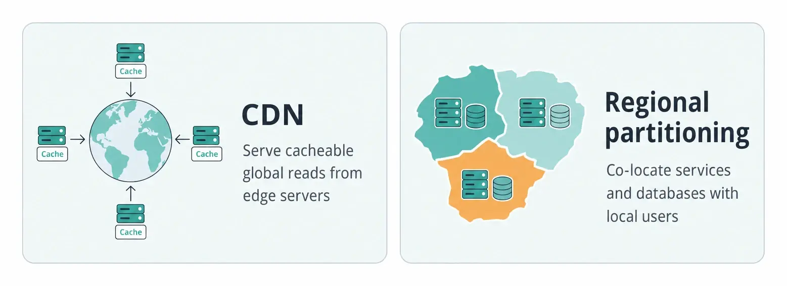 Placement strategy includes CDNs, which cache static or highly cacheable data at edge locations near users, and regional partitioning, which keeps data and compute in the same geography for region-local workloads like rides.