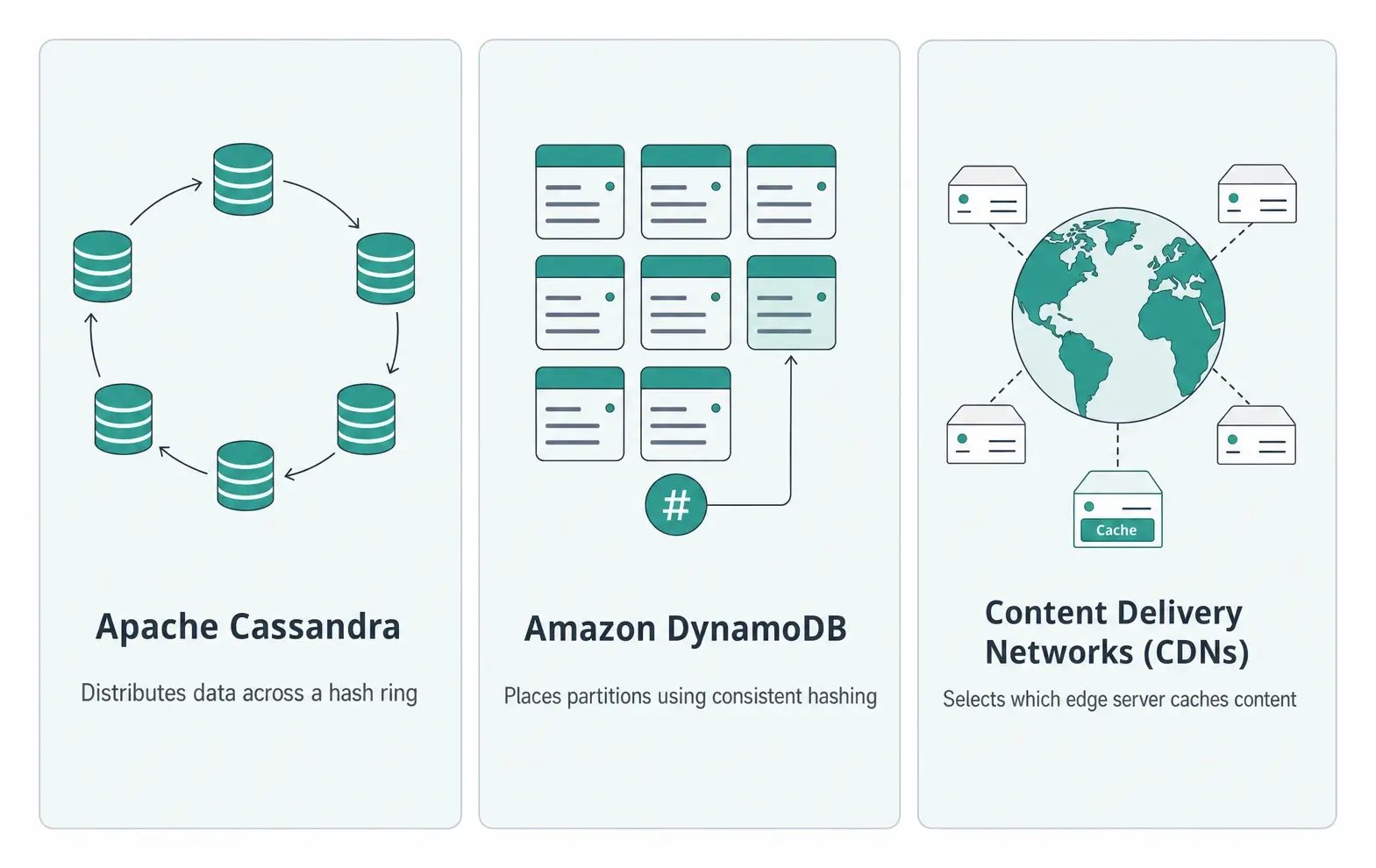 Apache Cassandra uses consistent hashing to distribute data across the ring; Amazon DynamoDB uses it for partition placement; Content Delivery Networks use it to choose an edge cache server.