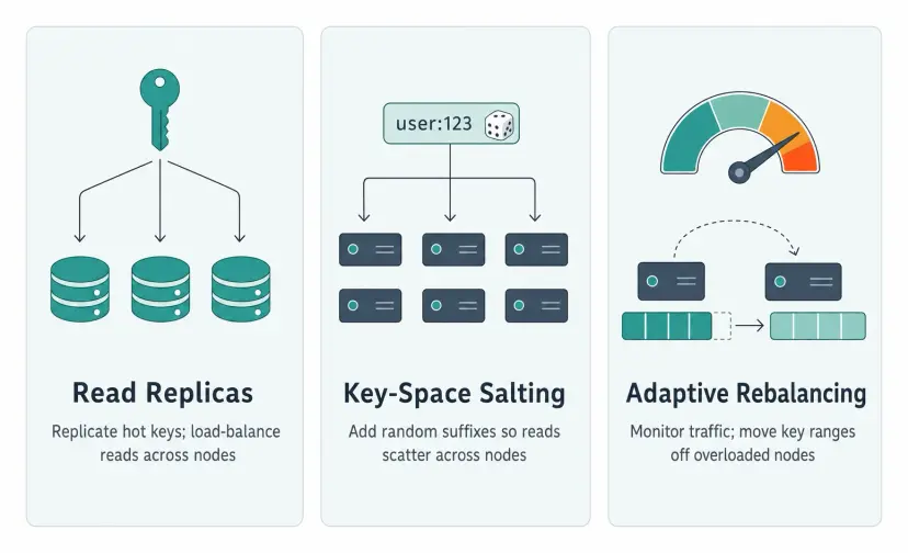 Read Replicas are the most common hot spot fix and load-balance reads across replicas; Key-Space Salting scatters hot keys with suffixes; Adaptive Rebalancing moves key ranges using traffic monitoring.