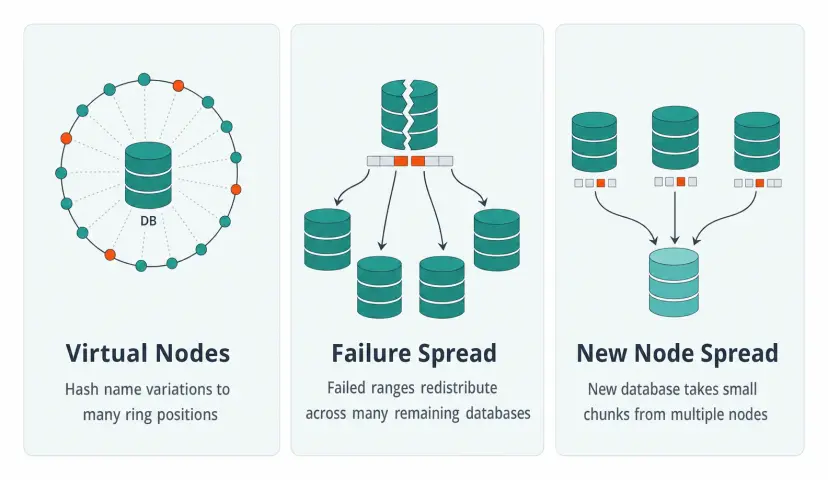 Virtual Nodes place each database at many ring positions; Failure Spread sends failed ranges to multiple remaining databases; New Node Spread absorbs small chunks from multiple existing nodes.