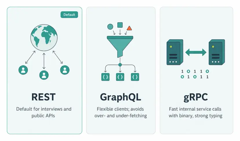 API style compares REST, the default public API choice that is simple and flexible but less efficient, GraphQL, which avoids over-fetching and under-fetching for flexible clients, and gRPC, which is a binary HTTP/2 RPC protocol best for fast internal service communication.