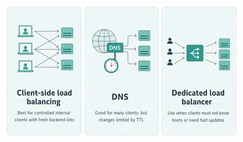Where balancing happens includes client-side load balancing, where controlled clients pick backends directly, DNS, where resolvers rotate returned IPs but updates are limited by TTL, and dedicated load balancers, which add a hop for fast routing updates and control.