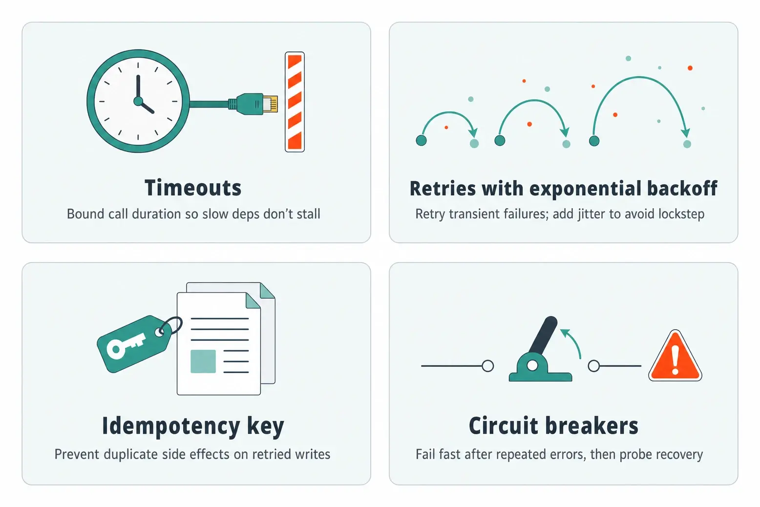 Failure handling includes timeouts, which stop waiting on slow network calls, retries with exponential backoff, which recover from transient failures without synchronized retry storms, idempotency keys, which make retried writes safe, and circuit breakers, which fail fast after repeated dependency failures to stop cascades.
