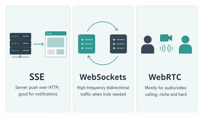 Realtime channel compares SSE, which is server-to-client streaming over one HTTP response with reconnect semantics, WebSockets, which are persistent bidirectional connections that need stateful infrastructure support, and WebRTC, which is peer-to-peer over UDP and best kept to audio or video calling.